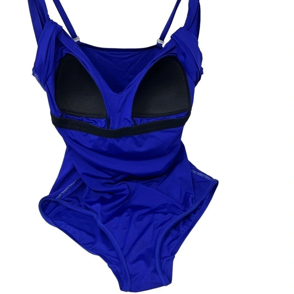 Badgley Mischka Wide Strap Draped Front One-Piece Swimsuit Cobalt Blue Small